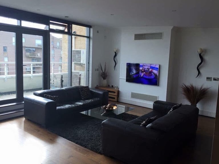 Modern living room with black leather sofas