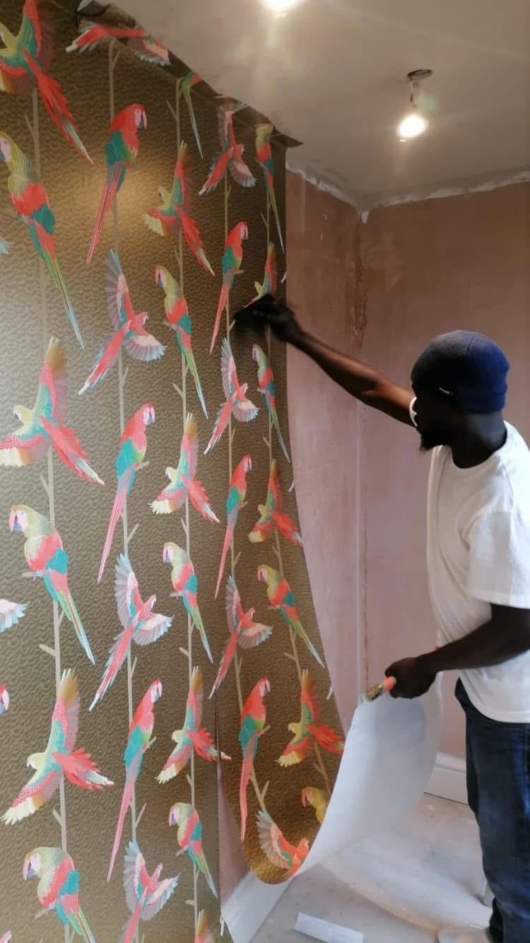 Person in blue cap and white shirt adjusting a hanging fabric with colorful parrot pattern on interior wall