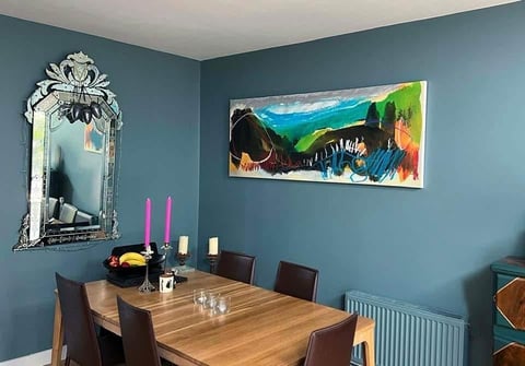 Modern dining room with teal blue walls