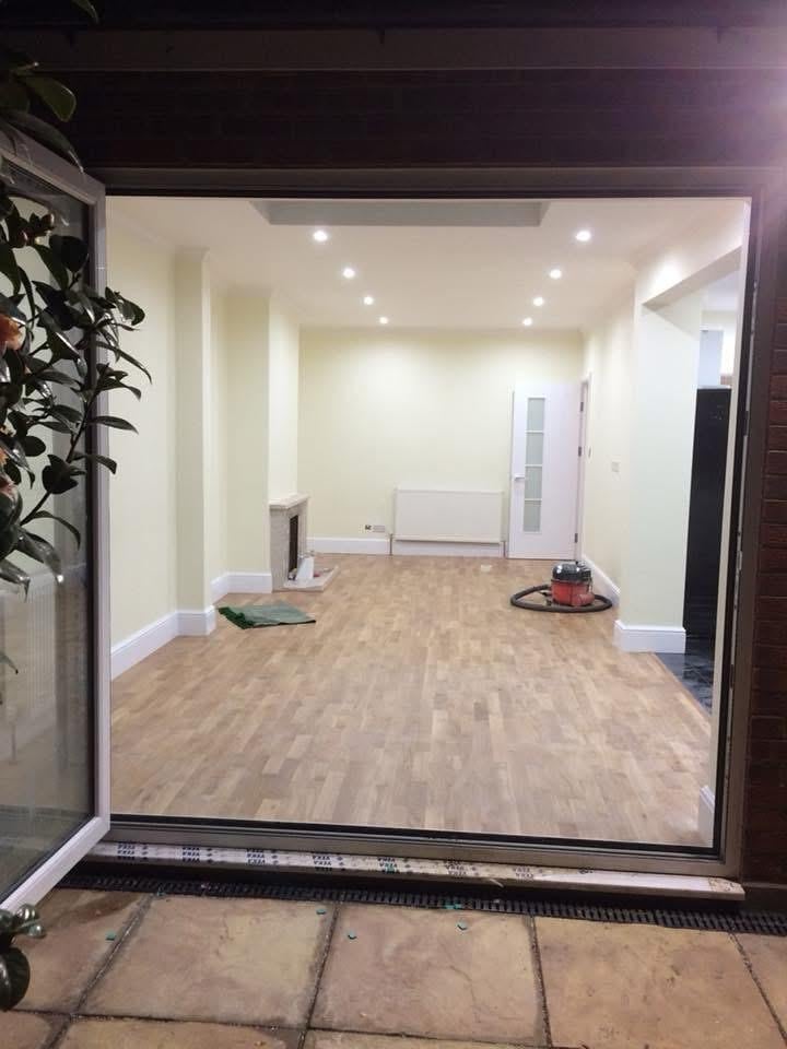 Empty bright studio space with wooden flooring, recessed lighting, white walls, and minimalist pet beds on the floor